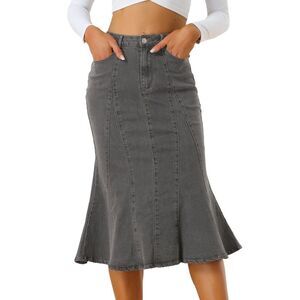 Fishtail Bodycon Skirt High Waist Long Denim Jean Skirt Black Gray